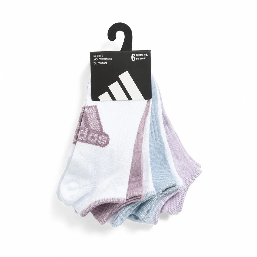Adidas Superlite No Show Socks 6 Pack Womens White Purple Blue Arch Compression